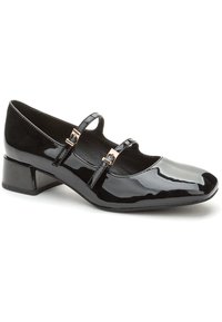 Scarpa Mary Jane in vernice nera con tacco basso e quadrato, caratterizzata da due sottili cinturini e fibbie in tonalità oro, superficie liscia e punta arrotondata.