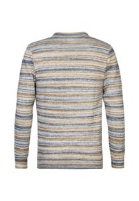 Pull en maille à manches longues avec des rayures horizontales dans des nuances de bleu, beige, gris et marron, vu de dos.