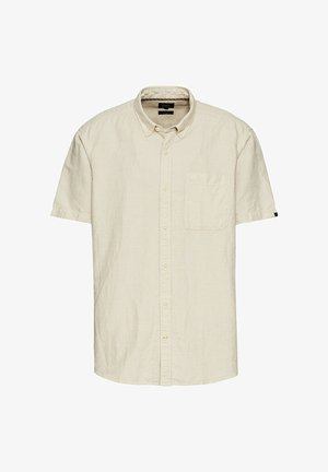 Kurzarmhemd aus leichtem beigen Leinen, mit Knopfverschluss vorne, einer linken Brusttasche und entspannter Passform mit geradem Saum.