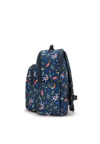 Zaino blu navy in tessuto con un motivo giocoso di astronauti, robot e razzi in colori vivaci, dotato di spallacci regolabili.