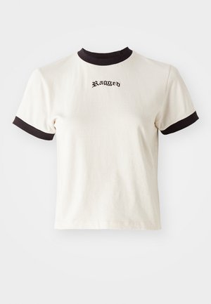 Krämfärgad T-shirt med svart ribbad krage och manschetter, med "Ragged" broderat i svart på framsidan. Tillverkat av bomull.