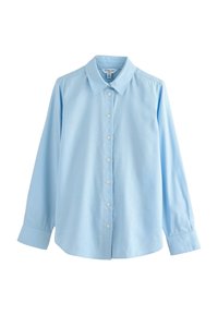 Camicia button-up azzurro chiaro con colletto, maniche lunghe e una texture di tessuto liscia. Presenta bottoni distribuiti uniformemente sulla parte frontale.