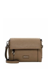 Tan leather crossbody bag with a textured finish, fold-over flap, silver hardware, adjustable strap, and logo detail on the front.