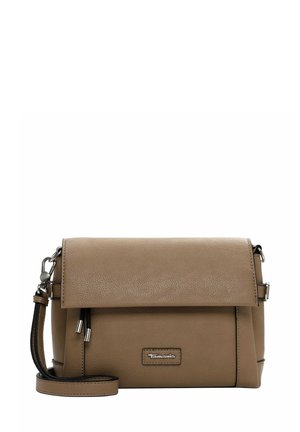Tan leather crossbody bag with a textured finish, fold-over flap, silver hardware, adjustable strap, and logo detail on the front.