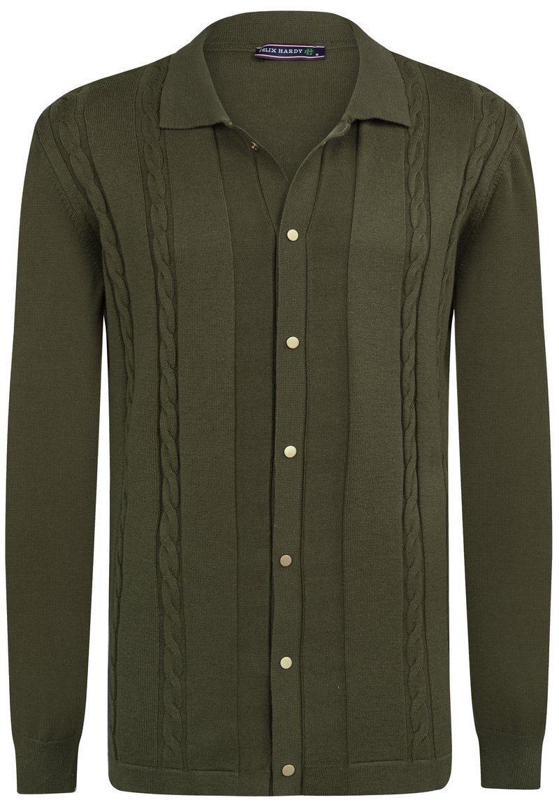 Olivengrøn strik cardigan med knaplukning foran, med kabelstrik detaljer og ribbede kanter langs kanten og ærmerne.