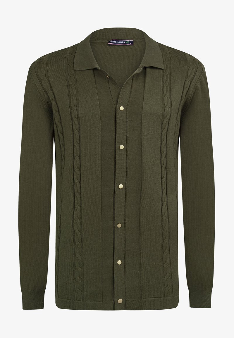 Olivgrüner Strickcardigan mit durchgehender Knopfleiste, der über Kabelstrick-Details sowie gerippte Akzente entlang der Ränder und Ärmel verfügt.
