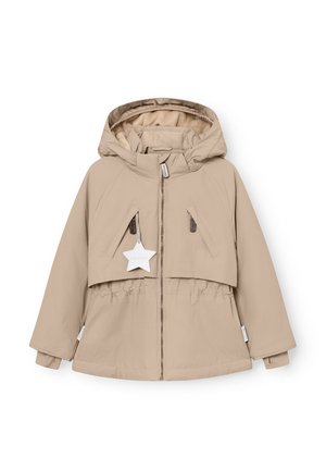 Beige barnefrakk med hette, som har glidelås, to skrå lommer og elastisk midje. Fôret med et mykt, teksturert interiør.