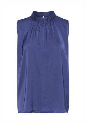 Kätsetud topp tumesinises värvitoonis, millel on kõrge kaelus pleeditud detailidega ja nööp sulgemisega seljal. Sile ja kerge kanga. 