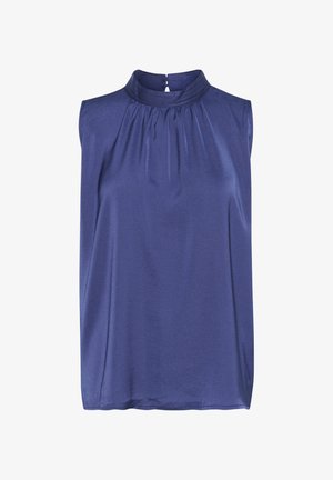Kätsetud topp tumesinises värvitoonis, millel on kõrge kaelus pleeditud detailidega ja nööp sulgemisega seljal. Sile ja kerge kanga.