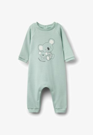 Světle zelený dětský overal vyrobený z měkké bavlny s dlouhými rukávy, se šedým grafikou koaly a patentkami na spodním okraji.