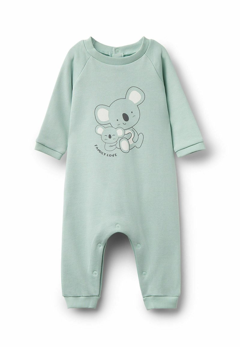Jasnozielony pajacyk dla niemowląt z miękkiej bawełny, z długimi rękawami, z szarym nadrukiem koali i zapięciami na zatrzaski u dołu.