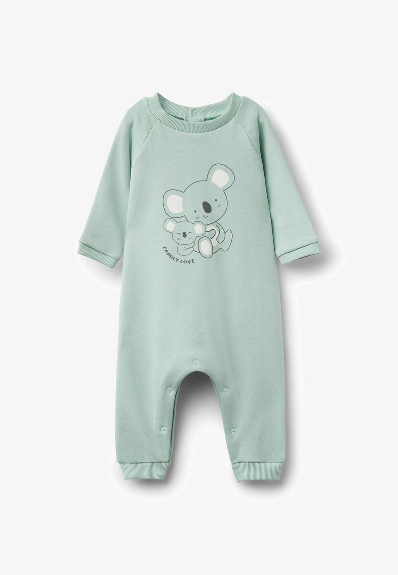 Jasnozielony pajacyk dla niemowląt z miękkiej bawełny, z długimi rękawami, z szarym nadrukiem koali i zapięciami na zatrzaski u dołu.