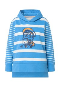 Felpa con cappuccio a righe blu, caratterizzata da una grafica di un capitano con una pipa, accentuata da un berretto arancione e dettagliata con caratteristiche facciali.