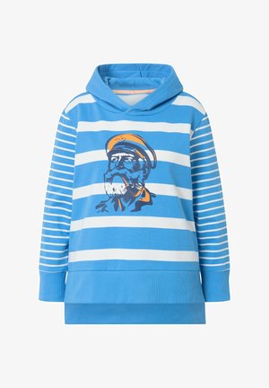 Sweat à capuche rayé bleu avec un graphique d'un capitaine tenant une pipe, accentué par une casquette orange et des traits du visage détaillés.