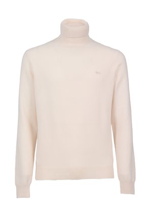 Kremasti pulover s visokim ovratnikom, napravljen od mekanog materijala, s dugim rukavima i rebrastim detaljima na ovratniku i rubu. Suptilan logo na prsima.