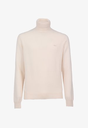 Crème coltrui van zacht materiaal, met lange mouwen en geribbelde details bij de kraag en zoom. Subtiel logo op de borst.