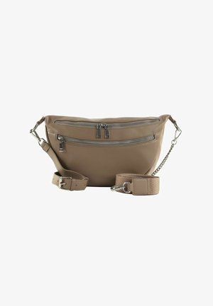 Sac bandoulière en cuir beige avec deux poches zippées, sangle réglable et accessoires argentés. Texture lisse et forme arrondie.