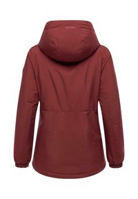 Maroon jacket with a hood, elastic cuffs, and a smooth texture. Features a visible logo at the neckline and a simple, functional design.