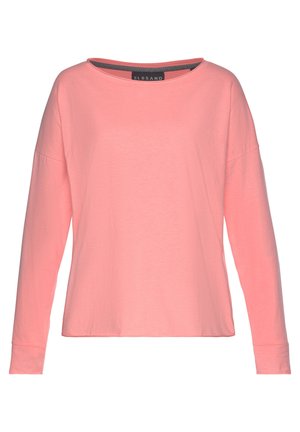 Long-sleeve t-shirt in coral pink, made of soft cotton fabric. Features a wide neck and dropped shoulders with cuffed sleeves.