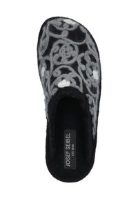 Uldfilt hjemmesko i sort med grå blomster mønster og hvide detaljer. Slip-on design med en blød inderside og mærkeindlæg.