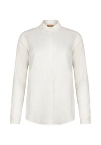 Camicia bianca a maniche lunghe in lino con colletto classico, chiusura frontale con bottoni e design a taglio dritto. Texture liscia.
