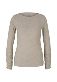 Långärmad topp i ljusbeige, tillverkad av mjukt tyg med rund halsringning och rynkdetaljer på ärmarna, med en figurnära design.