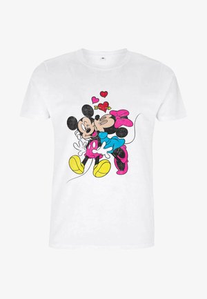 Biała bawełniana koszulka z kolorową grafiką Myszki Mickey i Myszki Minnie, z różowymi sercami, niebieską sukienką i żółtymi butami.