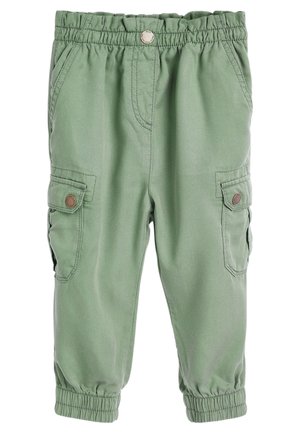 Pantalon cargo vert pour tout-petit avec taille et poignets élastiques, poches avant et poches latérales à rabat boutonné.