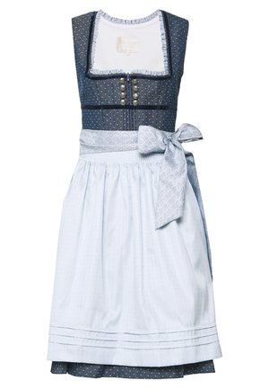 Robe traditionnelle dirndl bleu marine et blanche avec des boutons argentés, des pois et un tablier bleu clair à motifs noué en nœud à la taille.