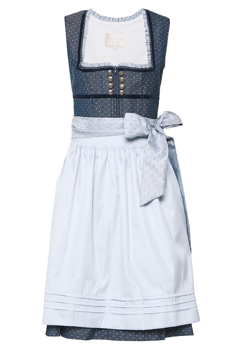 Robe traditionnelle dirndl bleu marine et blanche avec des boutons argentés, des pois et un tablier bleu clair à motifs noué en nœud à la taille.