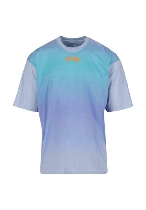 Világoskék, átmenetes póló rövid ujjakkal, narancssárga hímzett logóval és kerek nyakkivágással. Puha pamut anyagból készült.