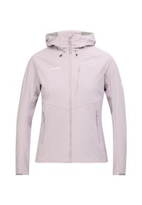 Ljusrosa vattentät jacka med huva, dragkedjefickor och elastiska ärmslut. Har en slät yta och en snygg, figurnära design.