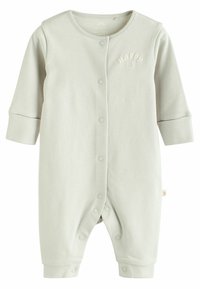 Light green baby onesie in soft material, featuring long sleeves, snap fastenings, and 'HAPPY' embroidered detail on the chest.