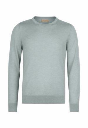 Jasnoszary sweter z długim rękawem i okrągłym dekoltem, z prążkowanymi mankietami i ściągaczem u dołu, z metką "Falconeri" wewnątrz kołnierza.