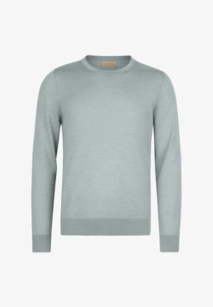 Jasnoszary sweter z długim rękawem i okrągłym dekoltem, z prążkowanymi mankietami i ściągaczem u dołu, z metką "Falconeri" wewnątrz kołnierza.