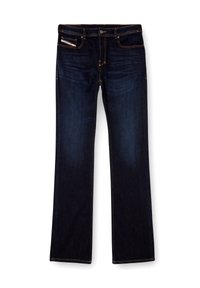 Jeans de mezclilla de color azul oscuro con corte recto, con costuras naranjas, cremallera en la bragueta y bolsillos delanteros. Textura suave y cinturilla estándar.