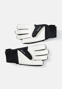 Goalkeeper gloves with a white latex palm and black textile upper. Features include finger protection, a velcro strap, and a smooth finish.