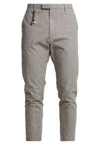 Gray plaid trousers with a tailored fit, featuring a belt loop, side pockets, and a decorative charm on the waistband. Soft fabric texture.