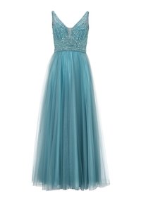 Abito da sera teal con scollo a V, corpetto decorato con paillettes e gonna in tulle fluido. Tessuto leggero e arioso.