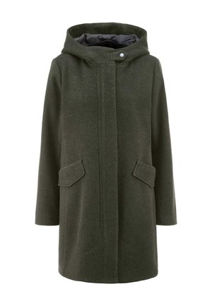 Olivgrüner Wollmischmantel mit Kapuze, vorderer Druckknopfverschluss und zwei schrägen Seitentaschen. Schlichtes Design, gerader Schnitt und weiche Textur.