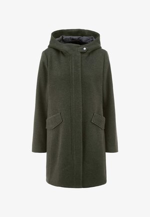 Olivgrüner Wollmischmantel mit Kapuze, vorderer Druckknopfverschluss und zwei schrägen Seitentaschen. Schlichtes Design, gerader Schnitt und weiche Textur.