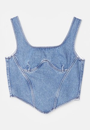 Denim korsettopp med brede stropper, strukturerte sømmer og en tettsittende silhuett. Lys blå farge med subtil fading og kontrasterende sømdetaljer.