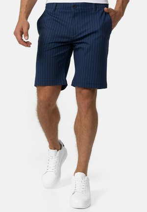 Marineblau gestreifte Shorts mit einem einzigen Knopfverschluss, seitlichen Taschen und einer taillierten Passform, kombiniert mit weißen Sneakers. Glatte Stoffstruktur.
