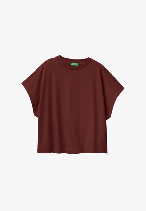 Vínové tričko s krátkými rukávy, volným střihem, kulatým výstřihem a širokými rukávy, s zelenou štítkem „United Colors of Benetton“ uvnitř límce.