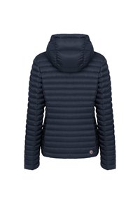 Navy blue padded jacket with a hood, featuring a channel quilted design and a circular logo accent on the lower left side.