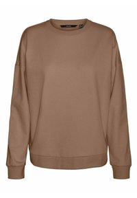 Hnědá mikina z měkké látky, s kulatým výstřihem, dlouhými širokými rukávy a volným střihem s žebrovanými manžetami a lemem.