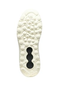 Suola di scarpa in gomma bianca con una superficie testurizzata che presenta pattern rotondi e ovali, inclusa un'accensione in gomma nera al centro.