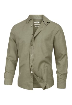 Chemise pour homme à manches longues, mélange de lin vert olive, boutonnée avec col, partiellement déboutonnée et devant ouvert.