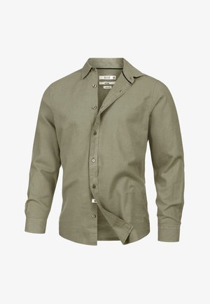 Chemise pour homme à manches longues, mélange de lin vert olive, boutonnée avec col, partiellement déboutonnée et devant ouvert.