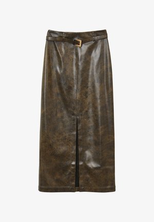 Brown faux leather midi skirt with a front slit, belted waist, and a smooth, glossy texture. Features a subtle marbled pattern.